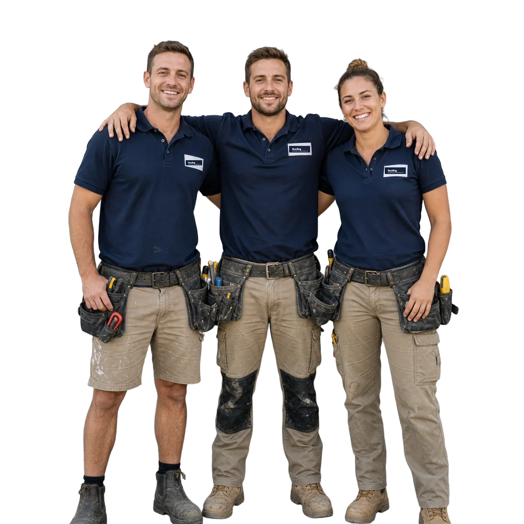 Mick and the Roofing Experts Australia crew, arms around each other, smiling on site